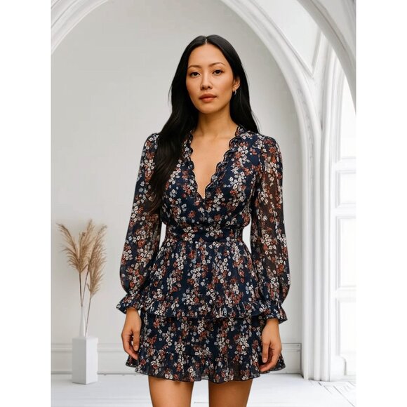 Saints + Secrets M Womens Blue Floral Ruffle Mini Dress Open Back Party Dress - Picture 1 of 8